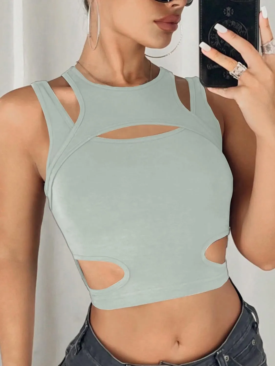 Milumia Women's Cut Out Front Tank Top Sleeveless Sexy Fitted Crop Tops