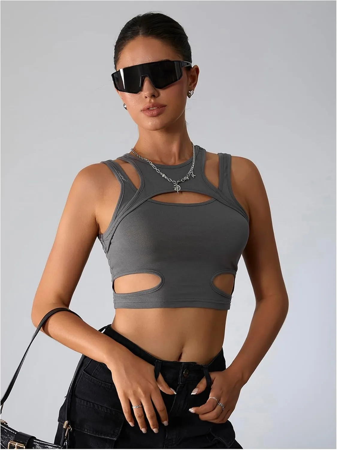Milumia Women's Cut Out Front Tank Top Sleeveless Sexy Fitted Crop Tops