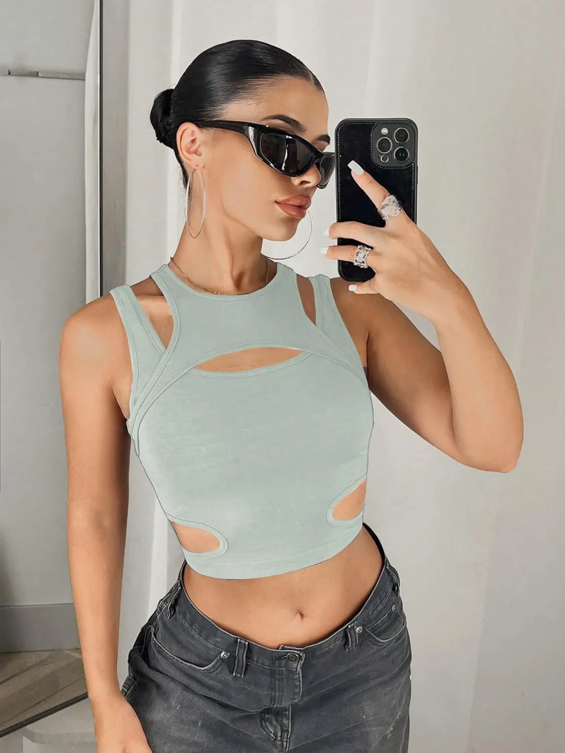 Milumia Women's Cut Out Front Tank Top Sleeveless Sexy Fitted Crop Tops