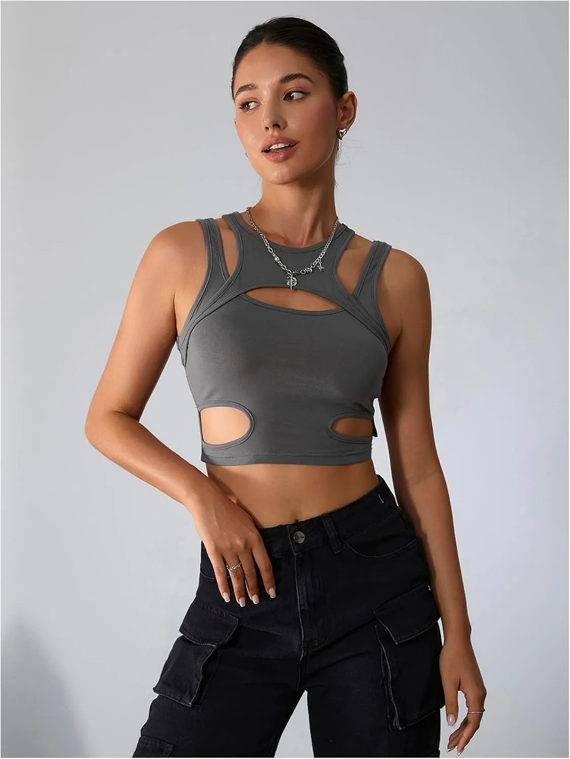 Milumia Women's Cut Out Front Tank Top Sleeveless Sexy Fitted Crop Tops