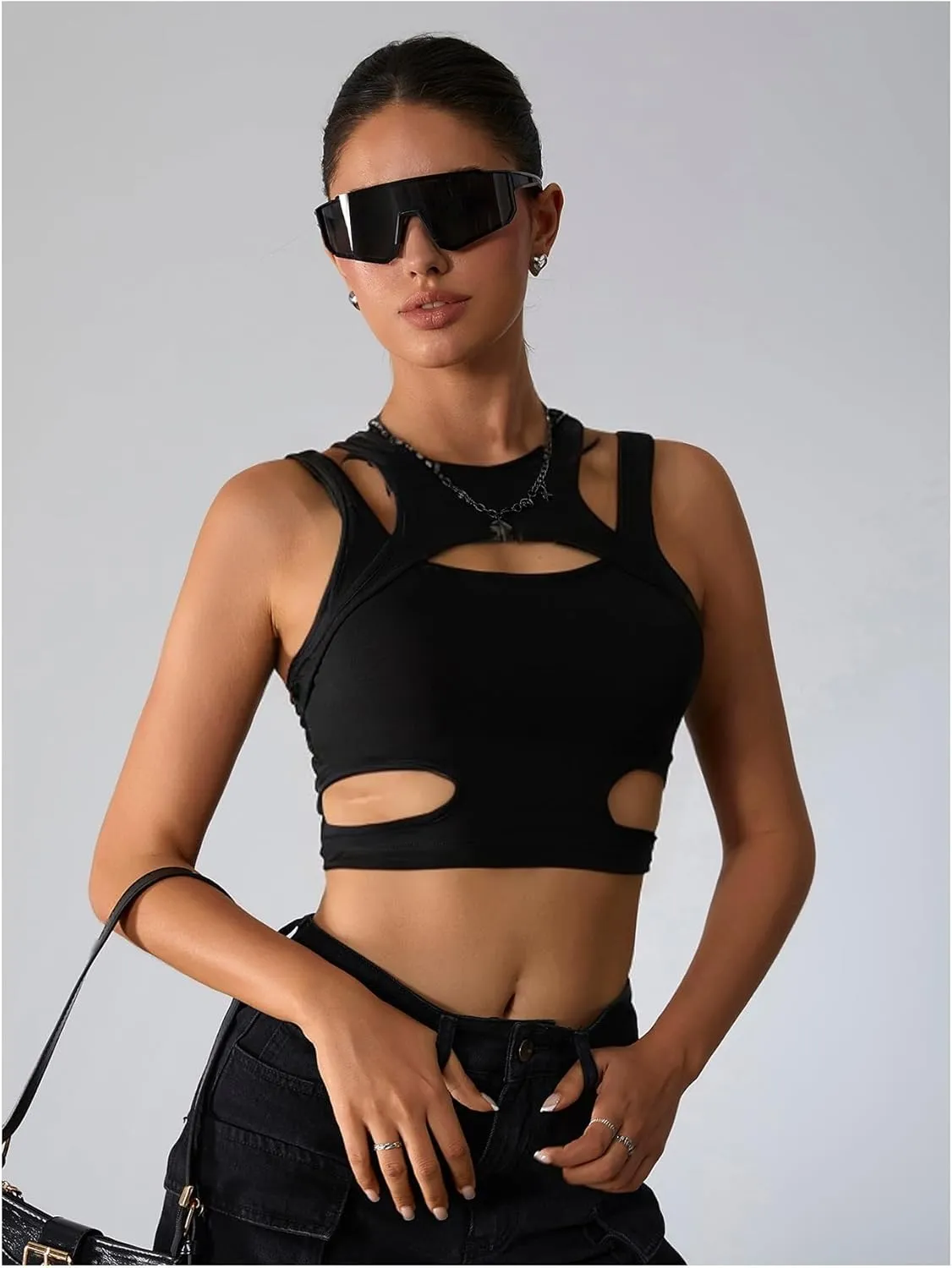 Milumia Women's Cut Out Front Tank Top Sleeveless Sexy Fitted Crop Tops