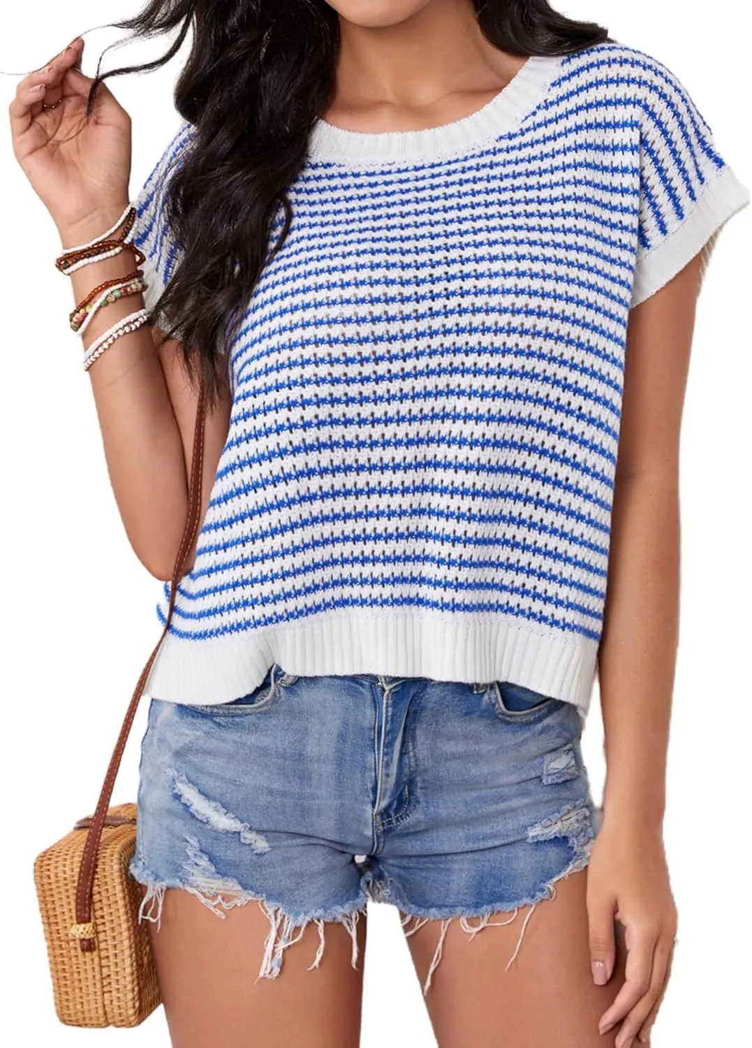 Milumia Women's Striped Short Sleeve Sweater Vest 2025 Summer Cap Sleeve Pullover Tank Top