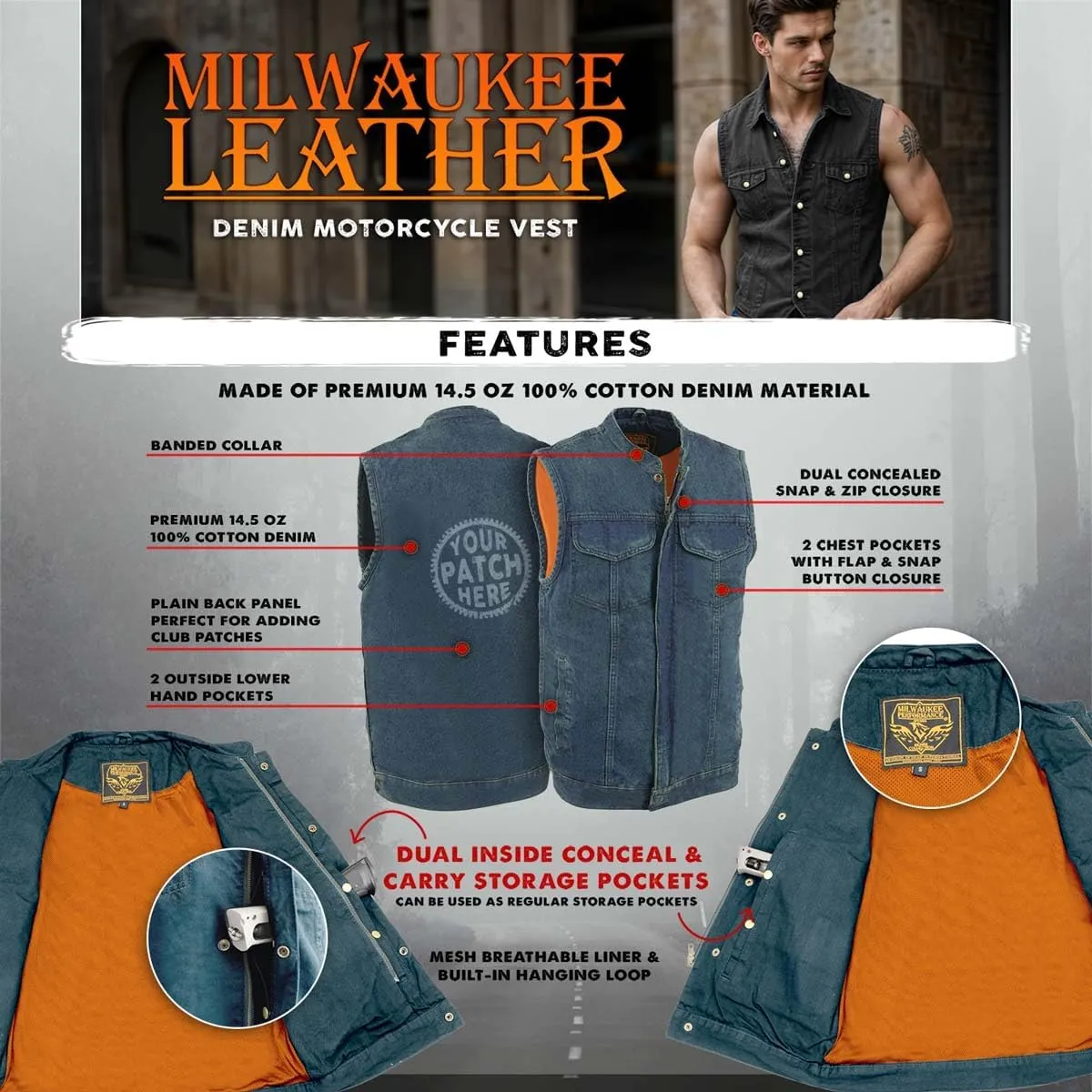 Milwaukee Leather MDM3000 Men's 'Brute' Concealed Snap Black Denim Club Style Vest w/Hidden Zipper