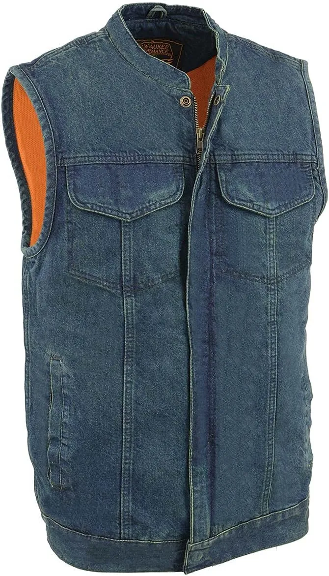 Milwaukee Leather MDM3000 Men's 'Brute' Concealed Snap Black Denim Club Style Vest w/Hidden Zipper