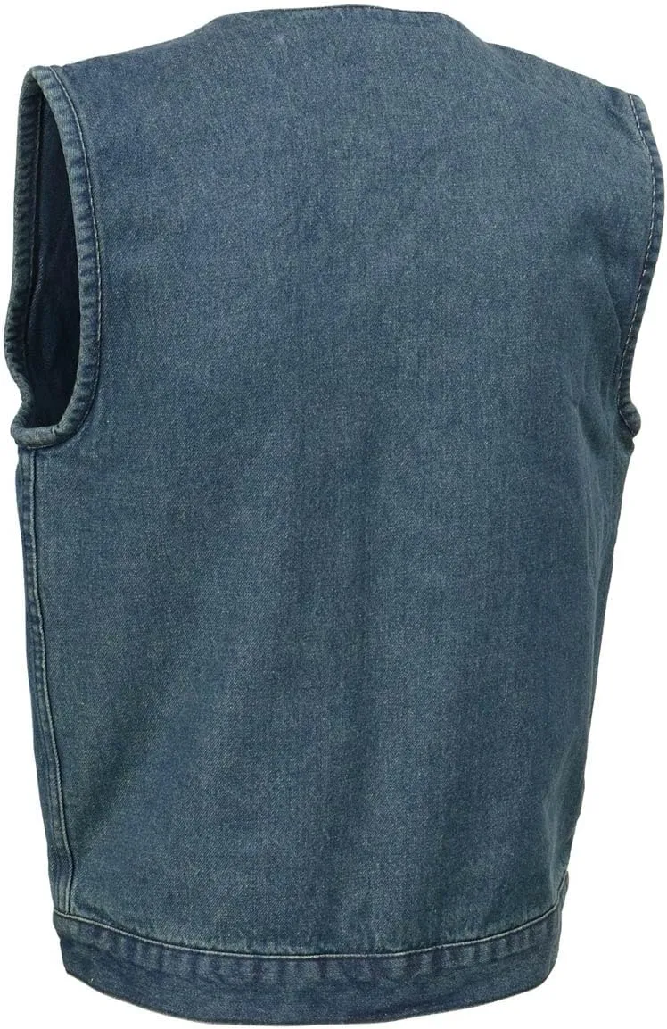 Milwaukee Leather MDM3012 Men's 'Brute' Concealed Snap Blue Denim V-Neck Club Style Vest w/Hidden Zipper - XXX-Large