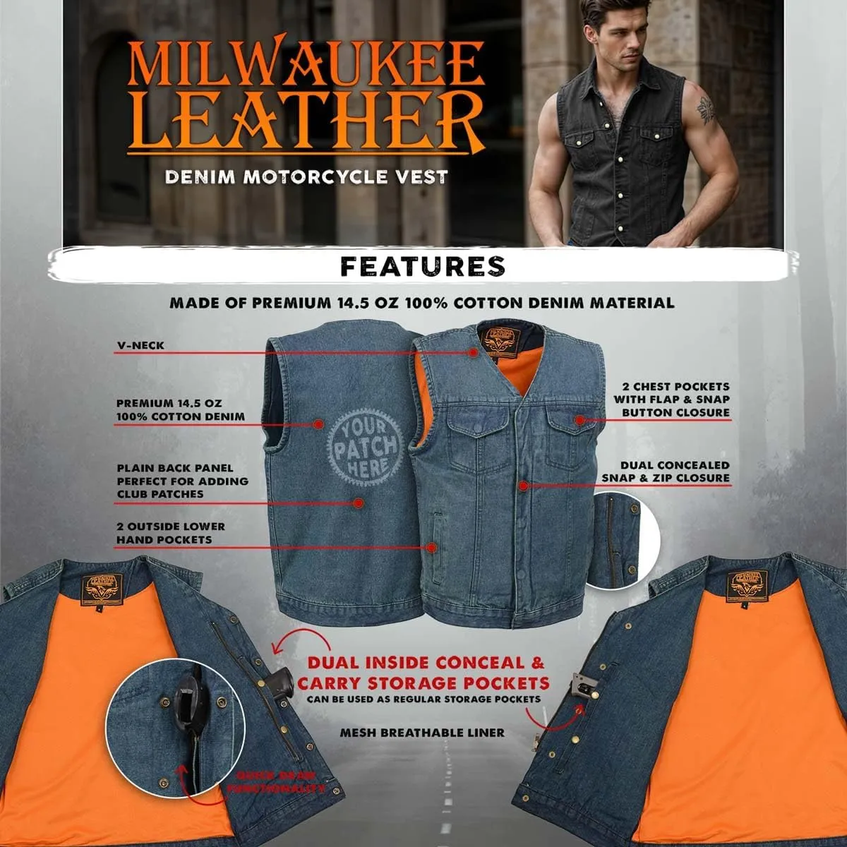 Milwaukee Leather MDM3012 Men's 'Brute' Concealed Snap Blue Denim V-Neck Club Style Vest w/Hidden Zipper - XXX-Large