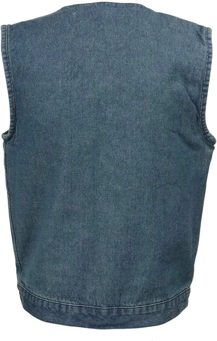 Milwaukee Leather MDM3012 Men's 'Brute' Concealed Snap Blue Denim V-Neck Club Style Vest w/Hidden Zipper - XXX-Large