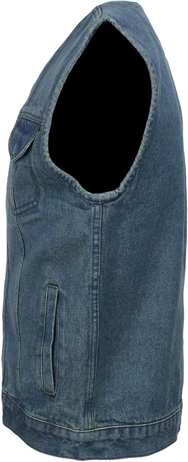 Milwaukee Leather MDM3012 Men's 'Brute' Concealed Snap Blue Denim V-Neck Club Style Vest w/Hidden Zipper - XXX-Large