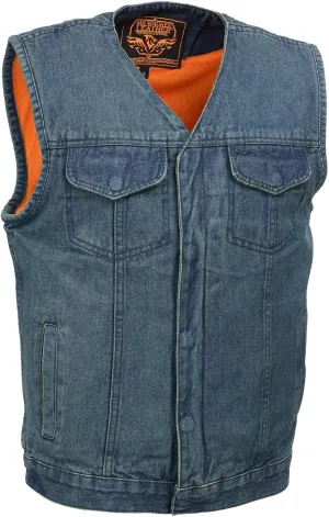 Milwaukee Leather MDM3012 Men's 'Brute' Concealed Snap Blue Denim V-Neck Club Style Vest w/Hidden Zipper - XXX-Large
