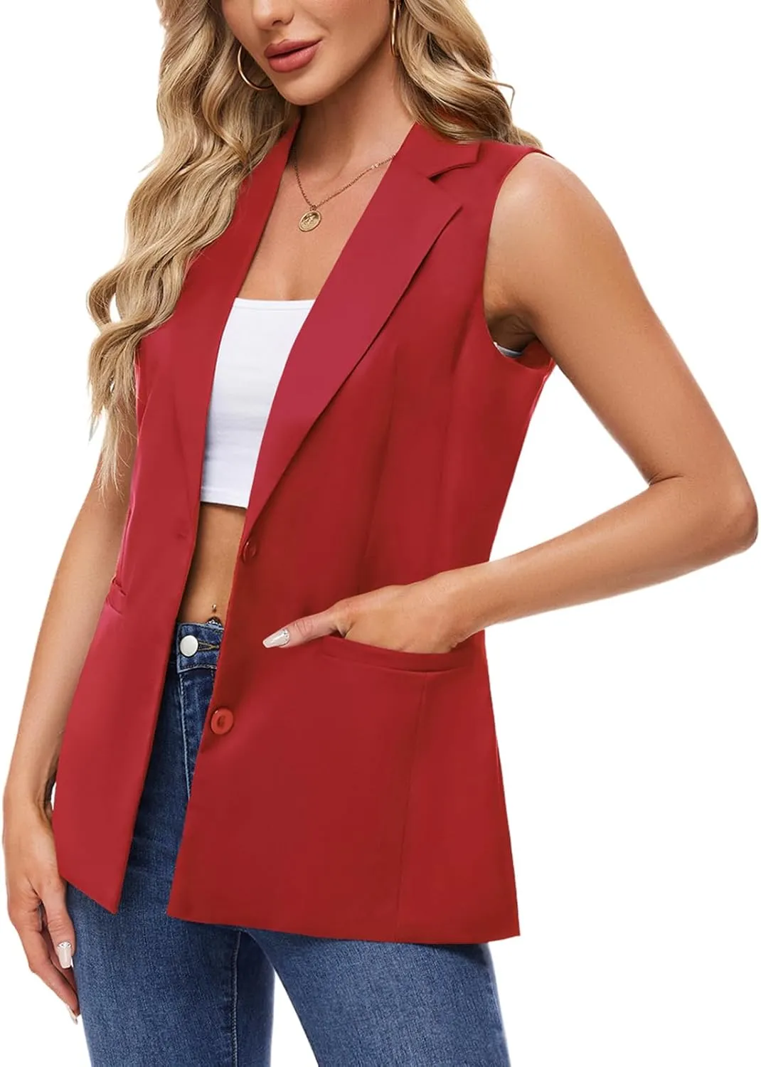 MINTLIMIT Sleeveless Vest Blazer for Women Casual Open Front Cardigan Vest Office Lapel Button Long Blazers with Pockets