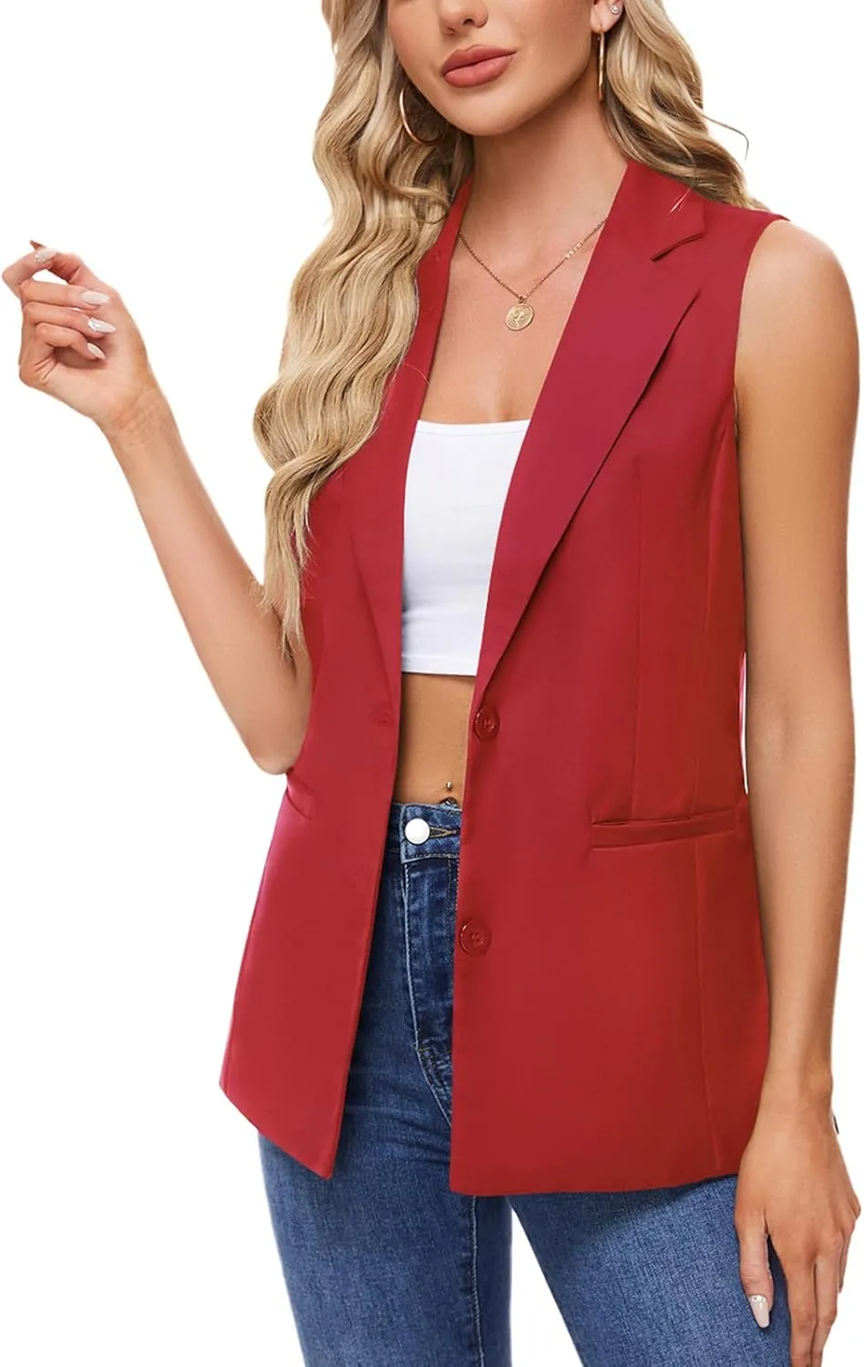 MINTLIMIT Sleeveless Vest Blazer for Women Casual Open Front Cardigan Vest Office Lapel Button Long Blazers with Pockets