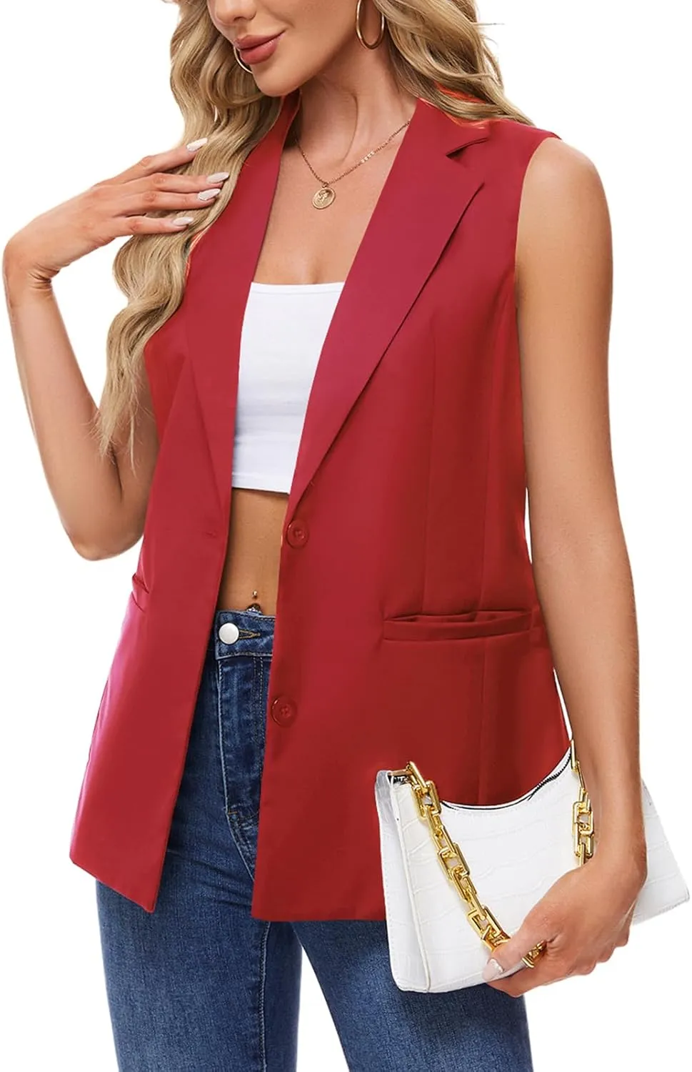 MINTLIMIT Sleeveless Vest Blazer for Women Casual Open Front Cardigan Vest Office Lapel Button Long Blazers with Pockets
