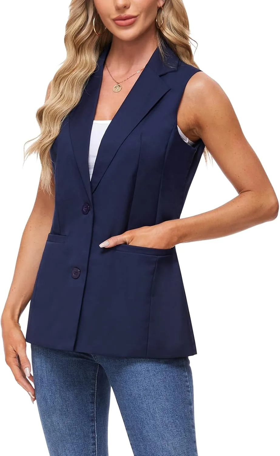 MINTLIMIT Sleeveless Vest Blazer for Women Casual Open Front Cardigan Vest Office Lapel Button Long Blazers with Pockets