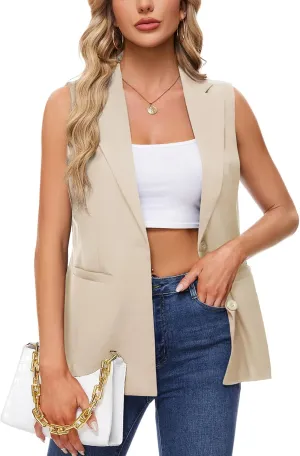 MINTLIMIT Sleeveless Vest Blazer for Women Casual Open Front Cardigan Vest Office Lapel Button Long Blazers with Pockets