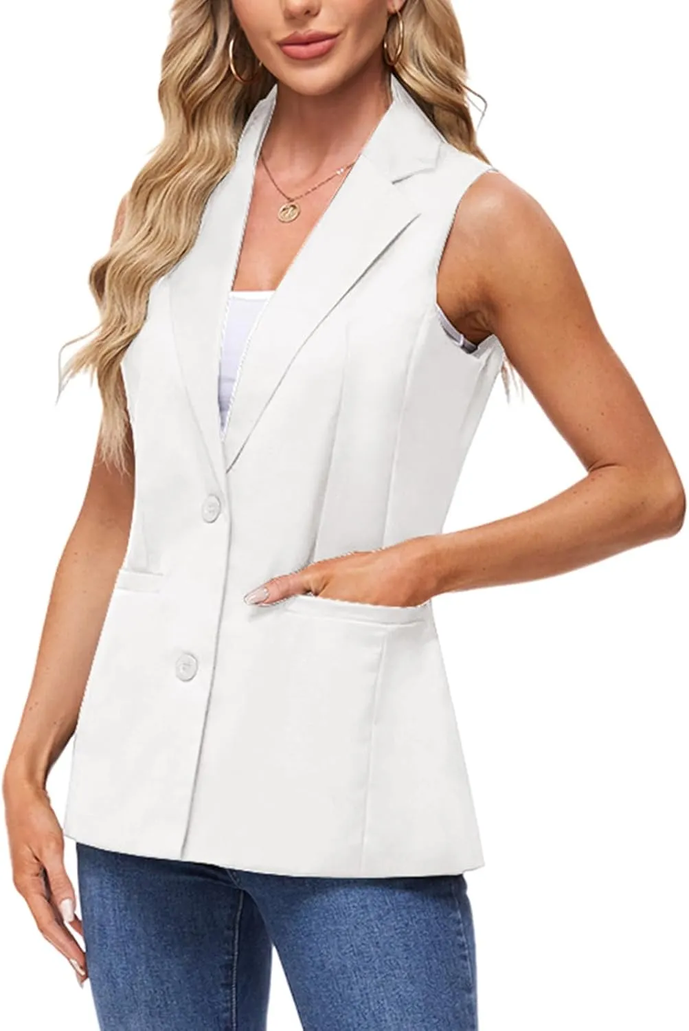 MINTLIMIT Sleeveless Vest Blazer for Women Casual Open Front Cardigan Vest Office Lapel Button Long Blazers with Pockets