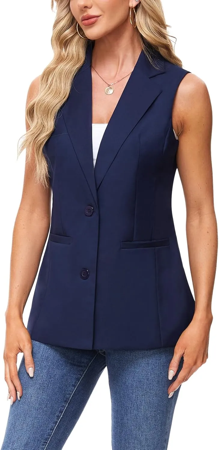 MINTLIMIT Sleeveless Vest Blazer for Women Casual Open Front Cardigan Vest Office Lapel Button Long Blazers with Pockets