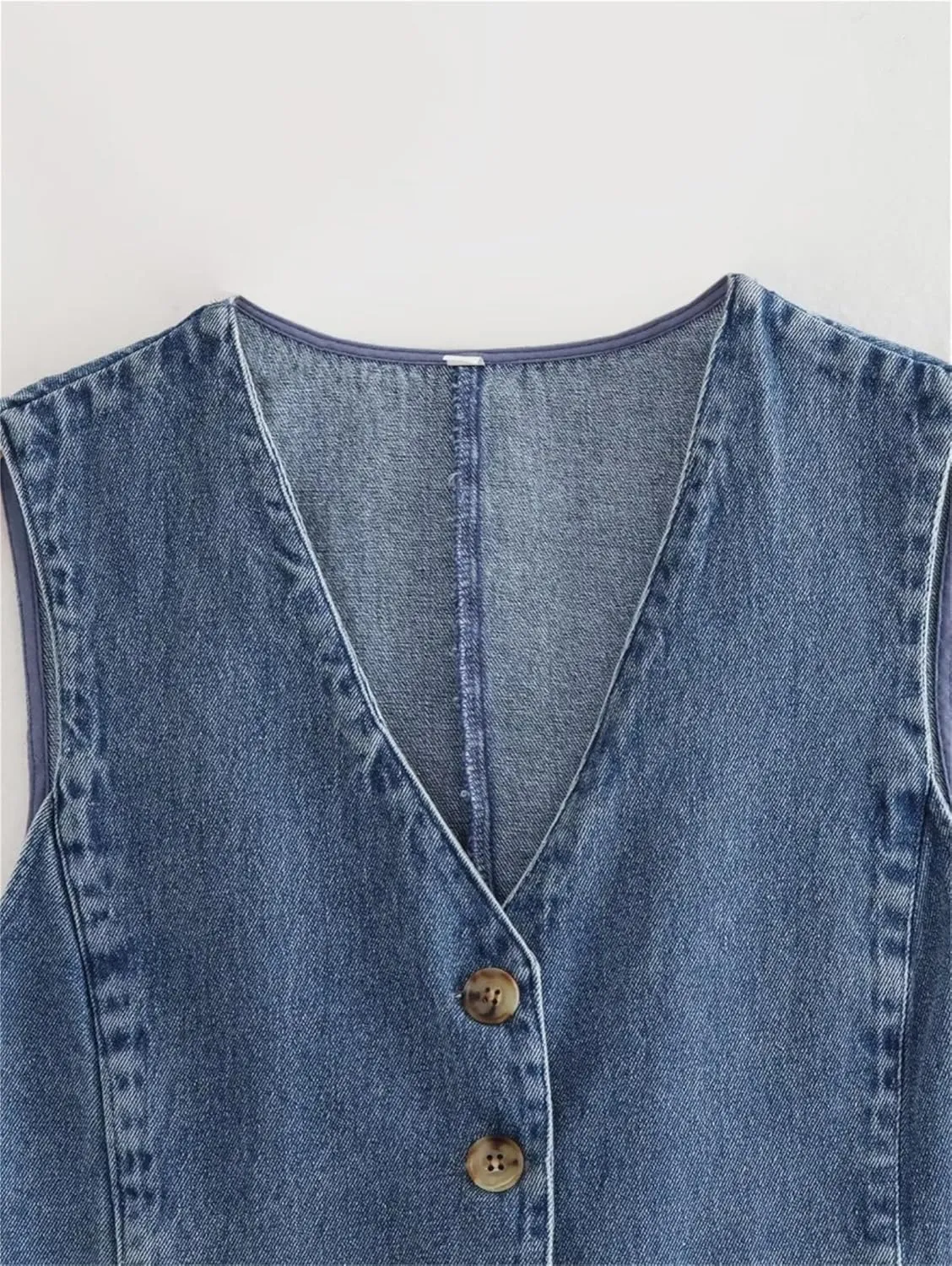 Miqil Women Y2K Button Down Denim Vest Sexy Sleeveless Denim Crop Top Low Cut Strapless Jean Corset Bustier Streetwear