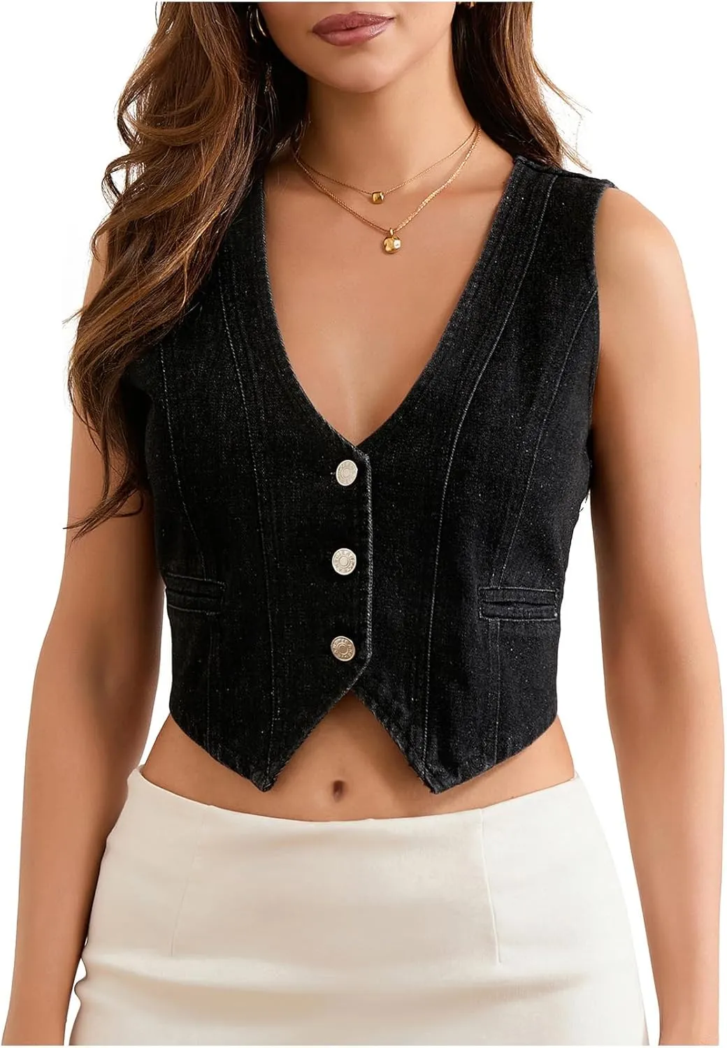 Miqil Women Y2K Button Down Denim Vest Sexy Sleeveless Denim Crop Top Low Cut Strapless Jean Corset Bustier Streetwear