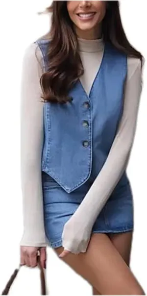 Miqil Women Y2K Button Down Denim Vest Sexy Sleeveless Denim Crop Top Low Cut Strapless Jean Corset Bustier Streetwear