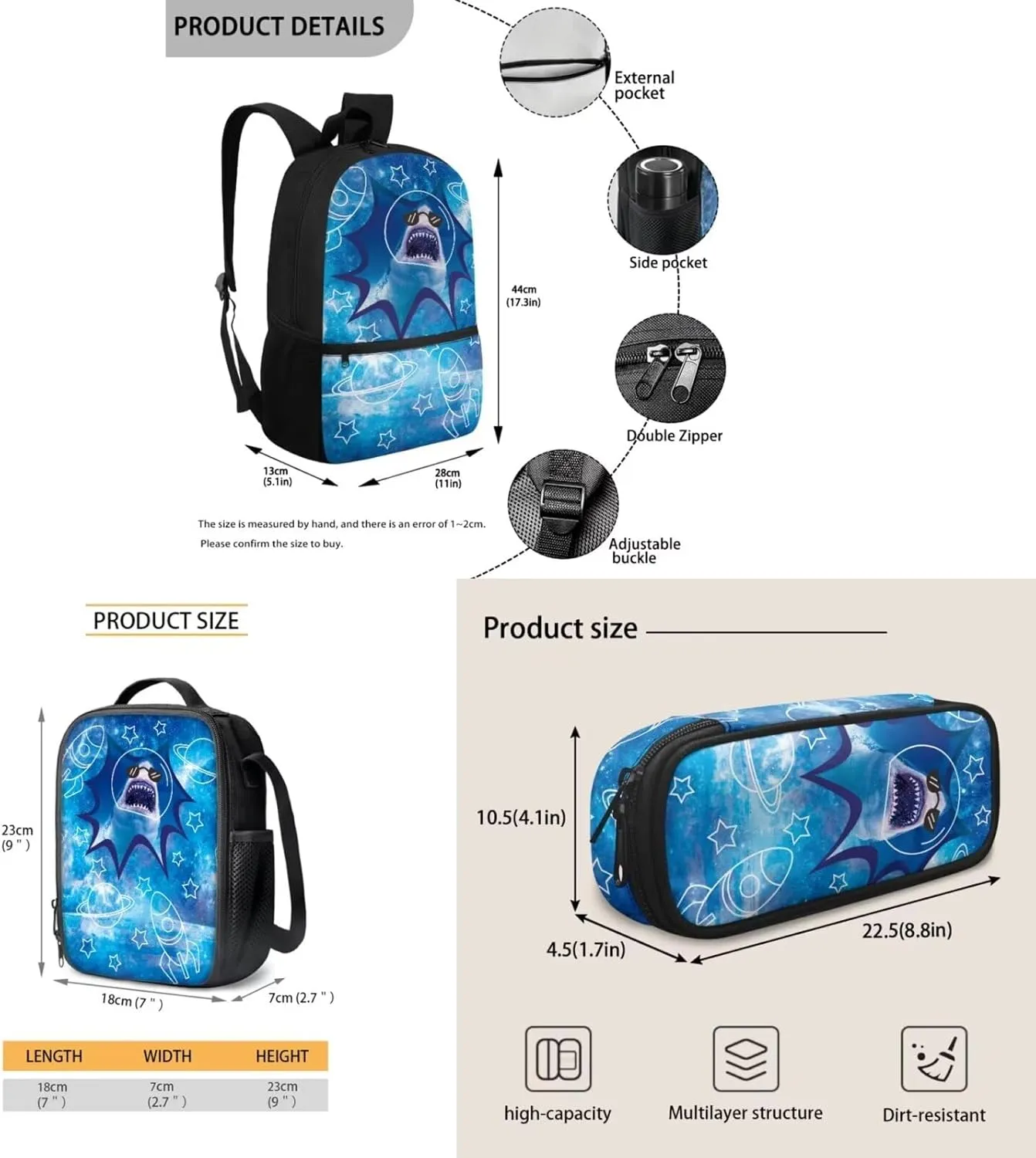 Mumeson Cool Shark Backpack Schoolbag Set Soft Breathable Backing Daypack Kids Teen School Backpack Lightweight Daypack with Insulated Lunch Bag,Pencil Cases 3 Piece Set