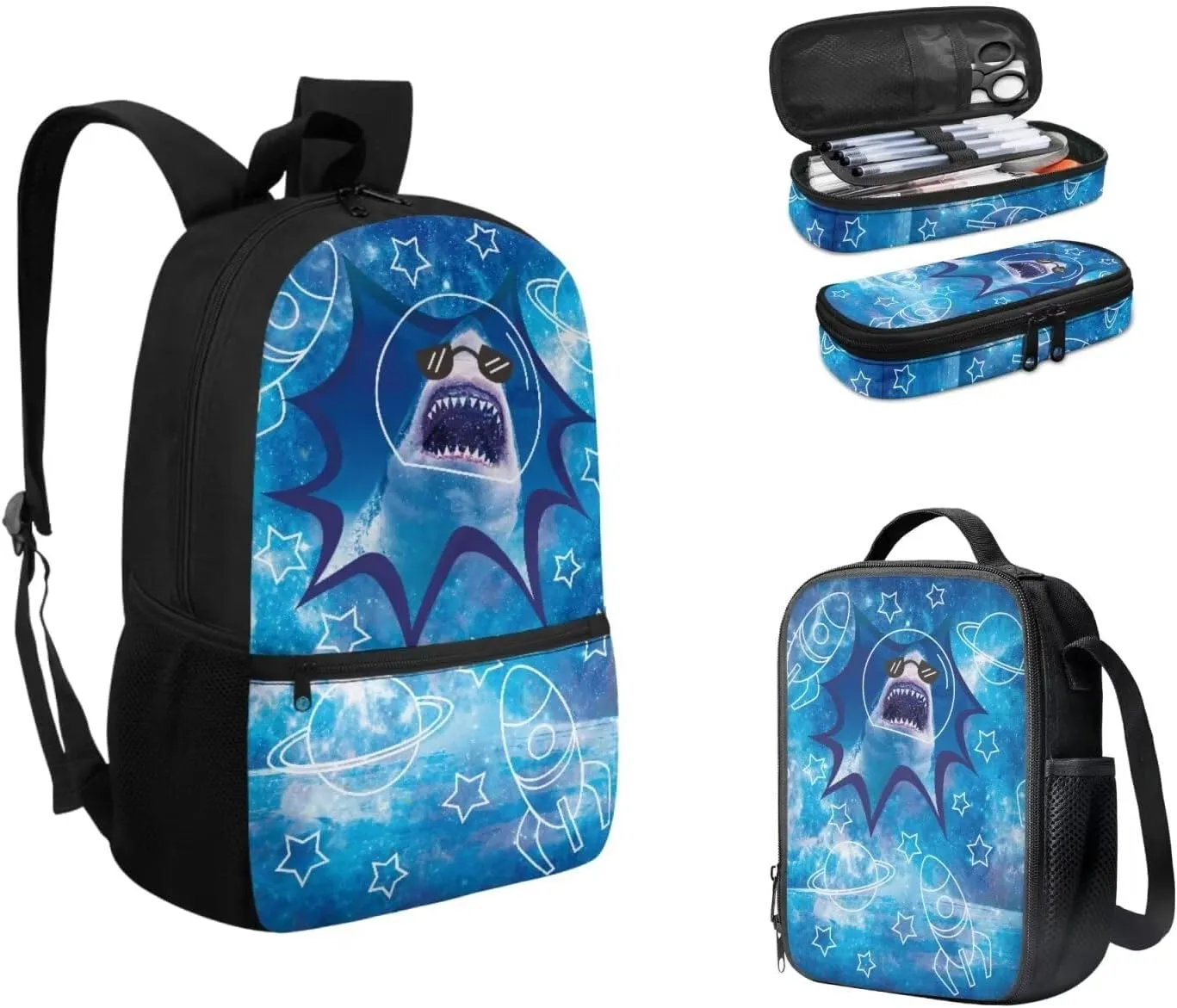 Mumeson Cool Shark Backpack Schoolbag Set Soft Breathable Backing Daypack Kids Teen School Backpack Lightweight Daypack with Insulated Lunch Bag,Pencil Cases 3 Piece Set