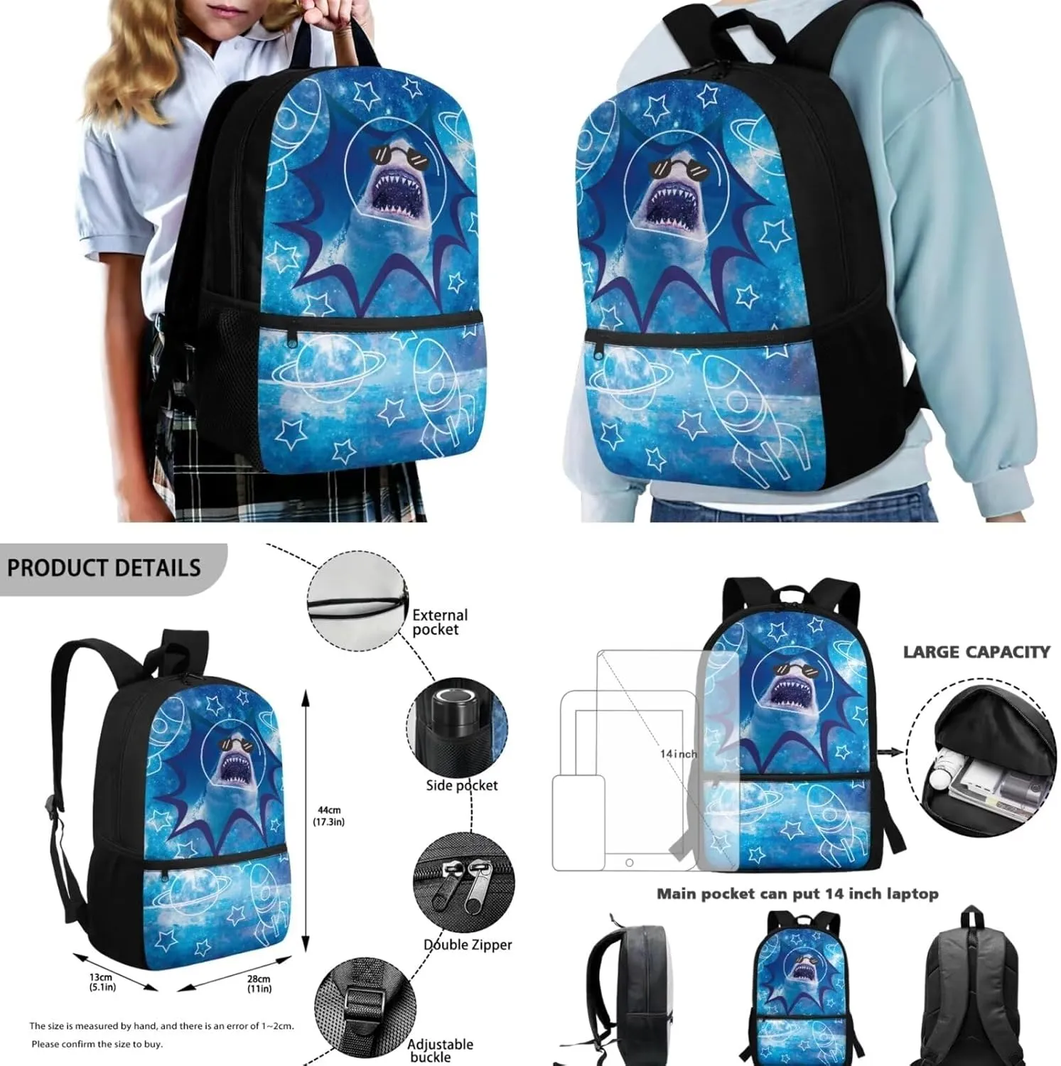 Mumeson Cool Shark Backpack Schoolbag Set Soft Breathable Backing Daypack Kids Teen School Backpack Lightweight Daypack with Insulated Lunch Bag,Pencil Cases 3 Piece Set
