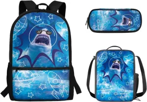 Mumeson Cool Shark Backpack Schoolbag Set Soft Breathable Backing Daypack Kids Teen School Backpack Lightweight Daypack with Insulated Lunch Bag,Pencil Cases 3 Piece Set