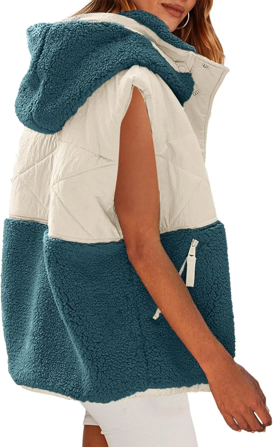 Nirovien Womens Oversized Quilted Vest Color Block Fleece Vest Button Down Padded Outwear Removeable Hooded with Pockets