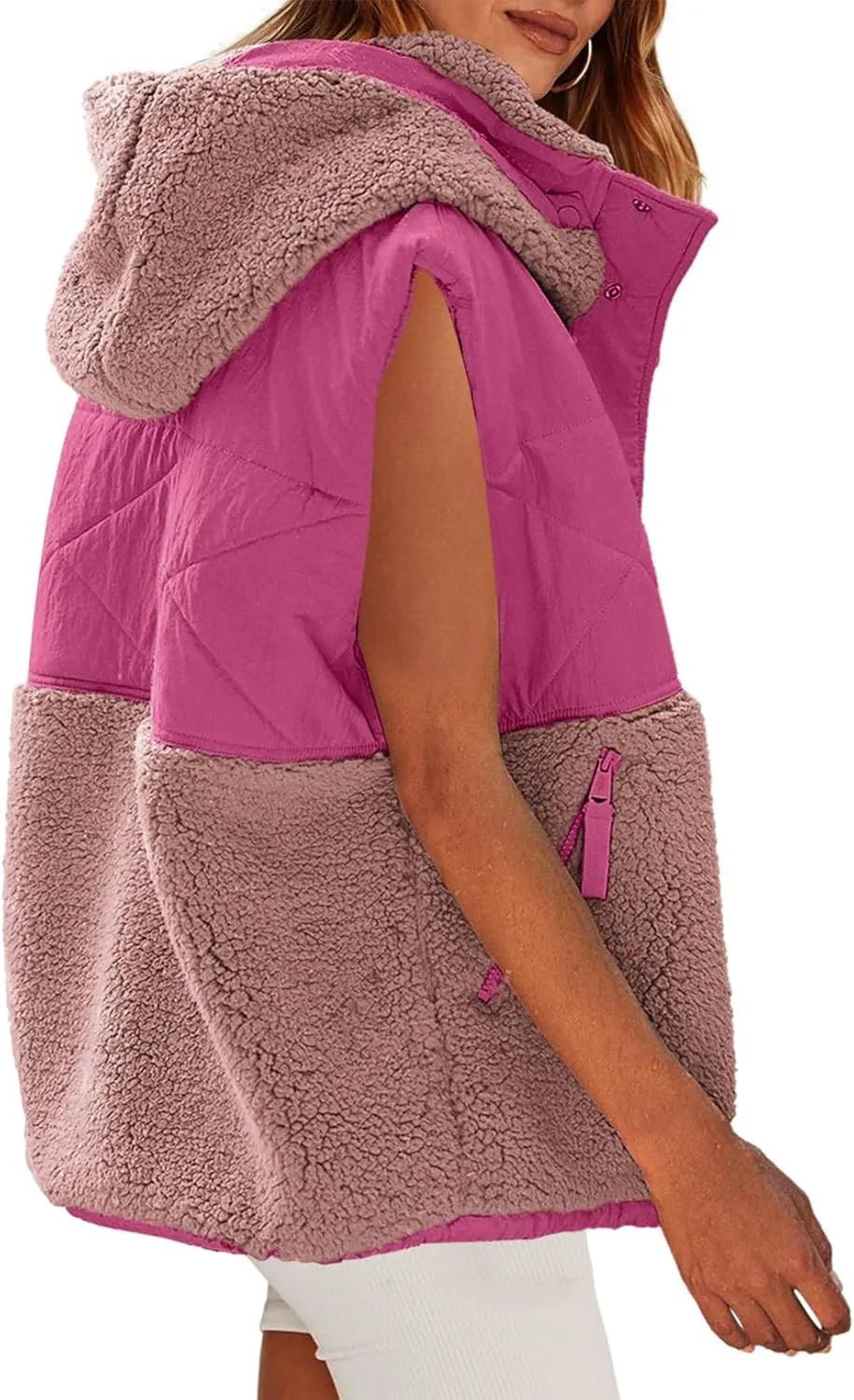 Nirovien Womens Oversized Quilted Vest Color Block Fleece Vest Button Down Padded Outwear Removeable Hooded with Pockets