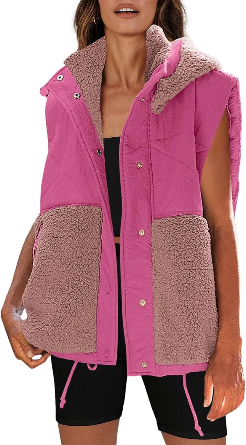 Nirovien Womens Oversized Quilted Vest Color Block Fleece Vest Button Down Padded Outwear Removeable Hooded with Pockets