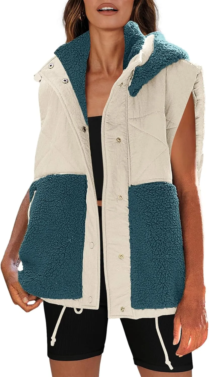 Nirovien Womens Oversized Quilted Vest Color Block Fleece Vest Button Down Padded Outwear Removeable Hooded with Pockets