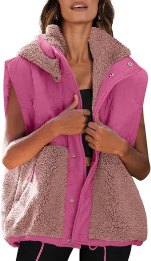 Nirovien Womens Oversized Quilted Vest Color Block Fleece Vest Button Down Padded Outwear Removeable Hooded with Pockets