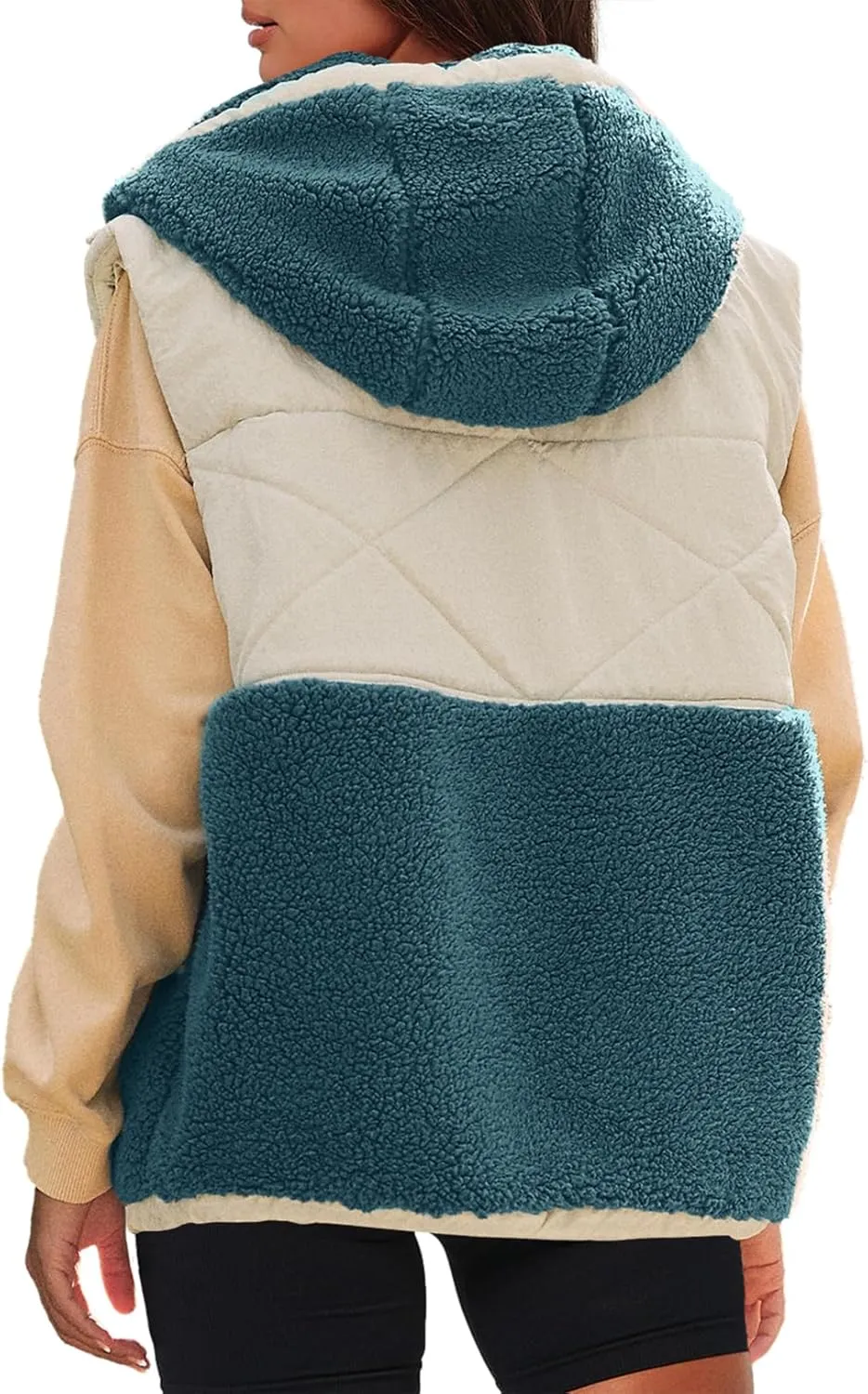 Nirovien Womens Oversized Quilted Vest Color Block Fleece Vest Button Down Padded Outwear Removeable Hooded with Pockets