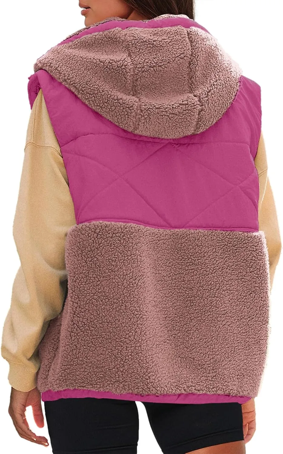 Nirovien Womens Oversized Quilted Vest Color Block Fleece Vest Button Down Padded Outwear Removeable Hooded with Pockets