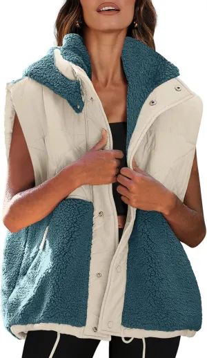 Nirovien Womens Oversized Quilted Vest Color Block Fleece Vest Button Down Padded Outwear Removeable Hooded with Pockets