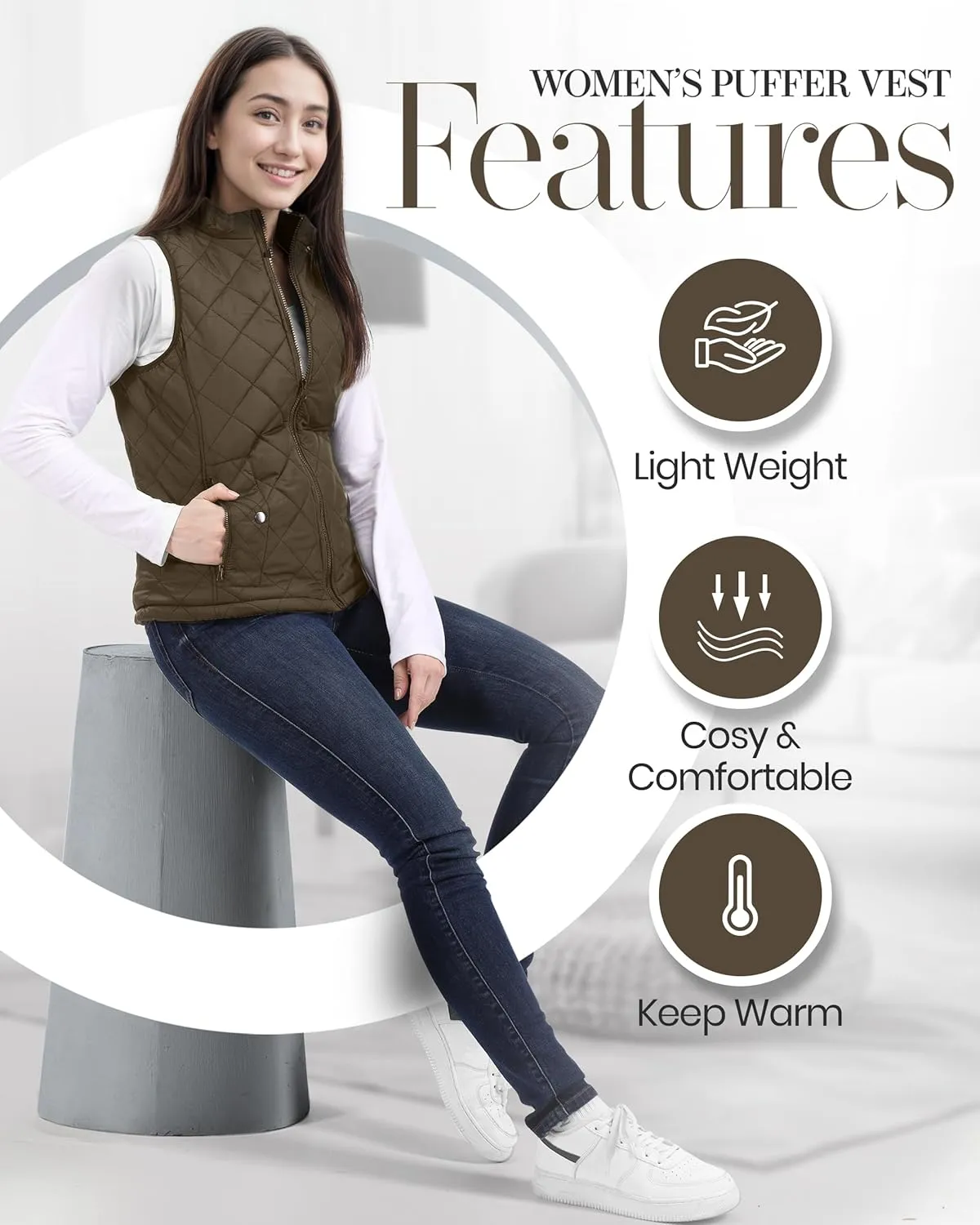 NY Threads Puffer Vest Women Slim Fit Lightweight Stand Collar Quilted Zip Puffer Vest