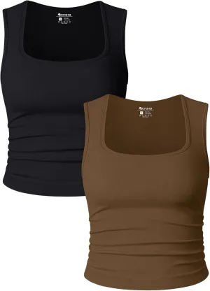 OQQ Womens 2 Piece Crop Tops Rueched Sleeveless Square Neck Stretch Basic Tank Shirts