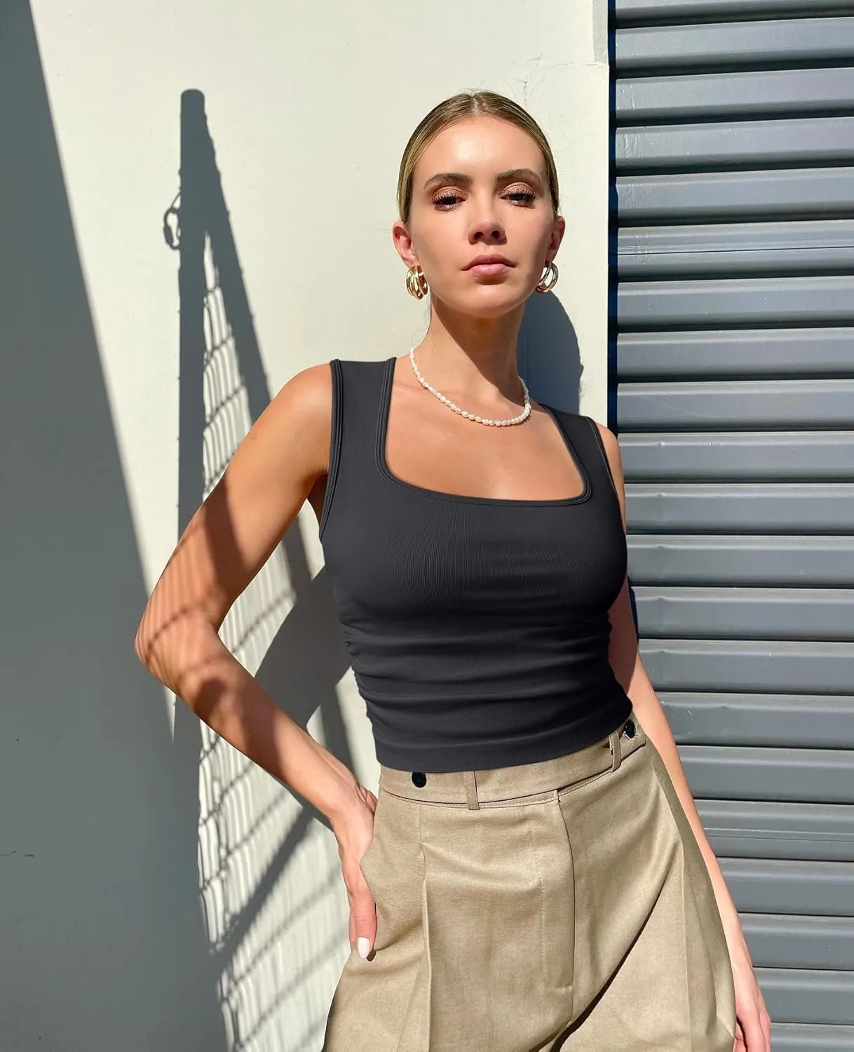 OQQ Womens 2 Piece Crop Tops Rueched Sleeveless Square Neck Stretch Basic Tank Shirts