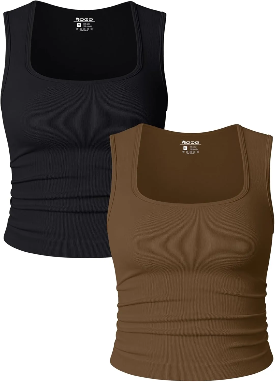 OQQ Womens 2 Piece Crop Tops Rueched Sleeveless Square Neck Stretch Basic Tank Shirts
