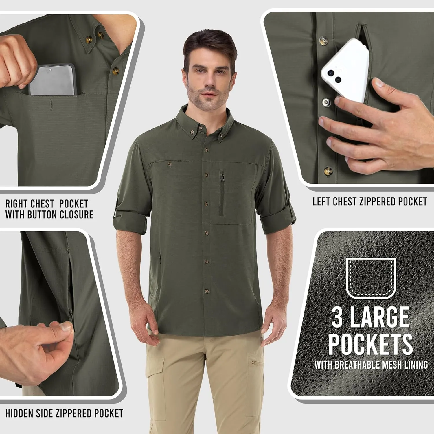 Outdoor Ventures Men's Long Sleeve Hiking Shirt UPF 50 UV Sun Protection Shirt Cooling Quick Dry for Travel Fishing Safari