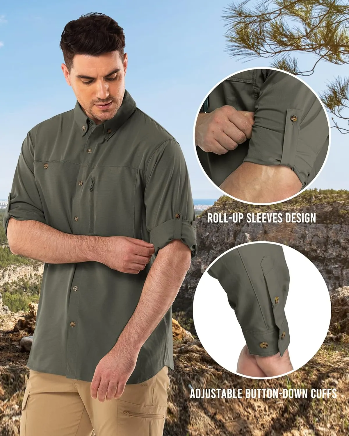 Outdoor Ventures Men's Long Sleeve Hiking Shirt UPF 50 UV Sun Protection Shirt Cooling Quick Dry for Travel Fishing Safari