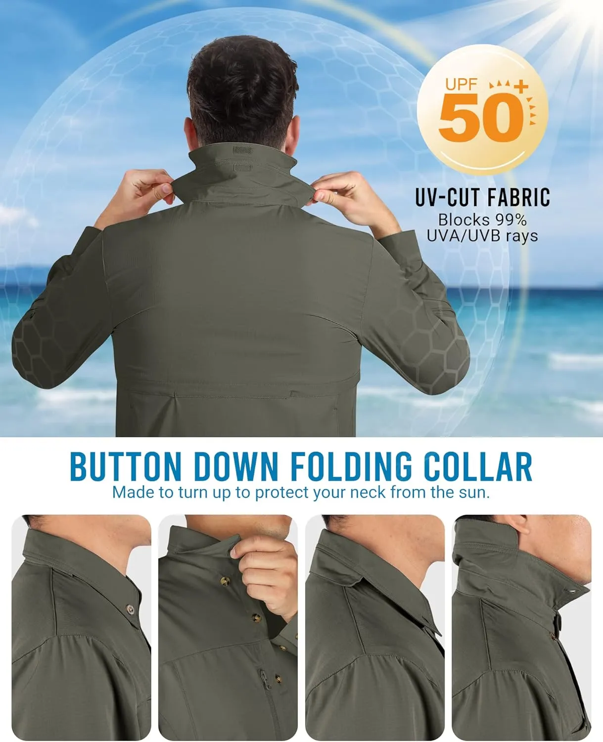 Outdoor Ventures Men's Long Sleeve Hiking Shirt UPF 50 UV Sun Protection Shirt Cooling Quick Dry for Travel Fishing Safari