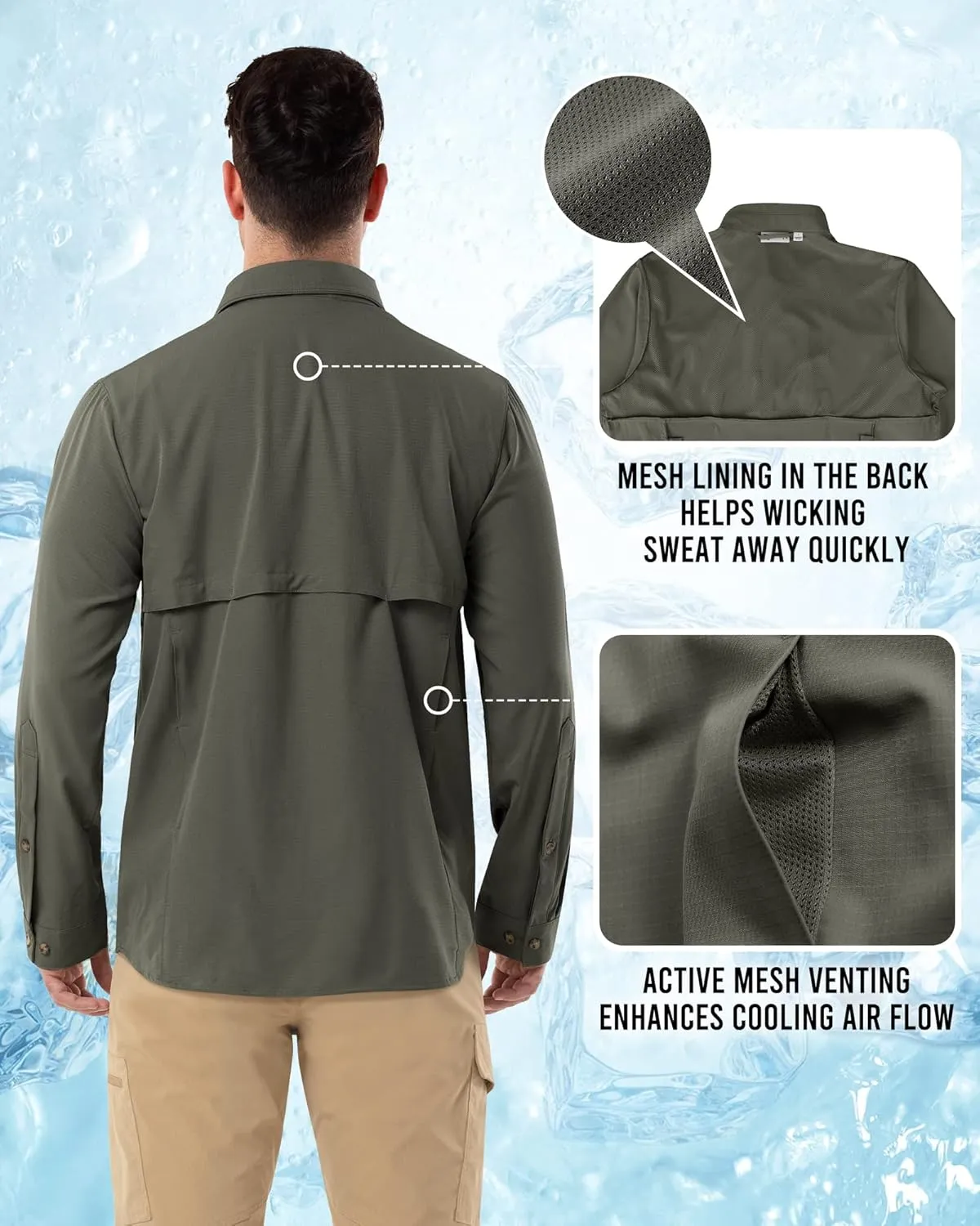 Outdoor Ventures Men's Long Sleeve Hiking Shirt UPF 50 UV Sun Protection Shirt Cooling Quick Dry for Travel Fishing Safari