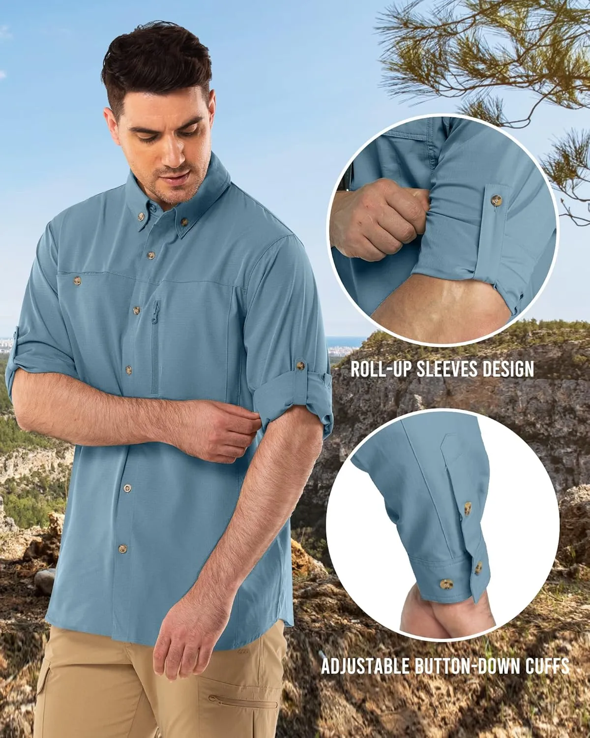 Outdoor Ventures Men's Long Sleeve Hiking Shirt UPF 50 UV Sun Protection Shirt Cooling Quick Dry for Travel Fishing Safari