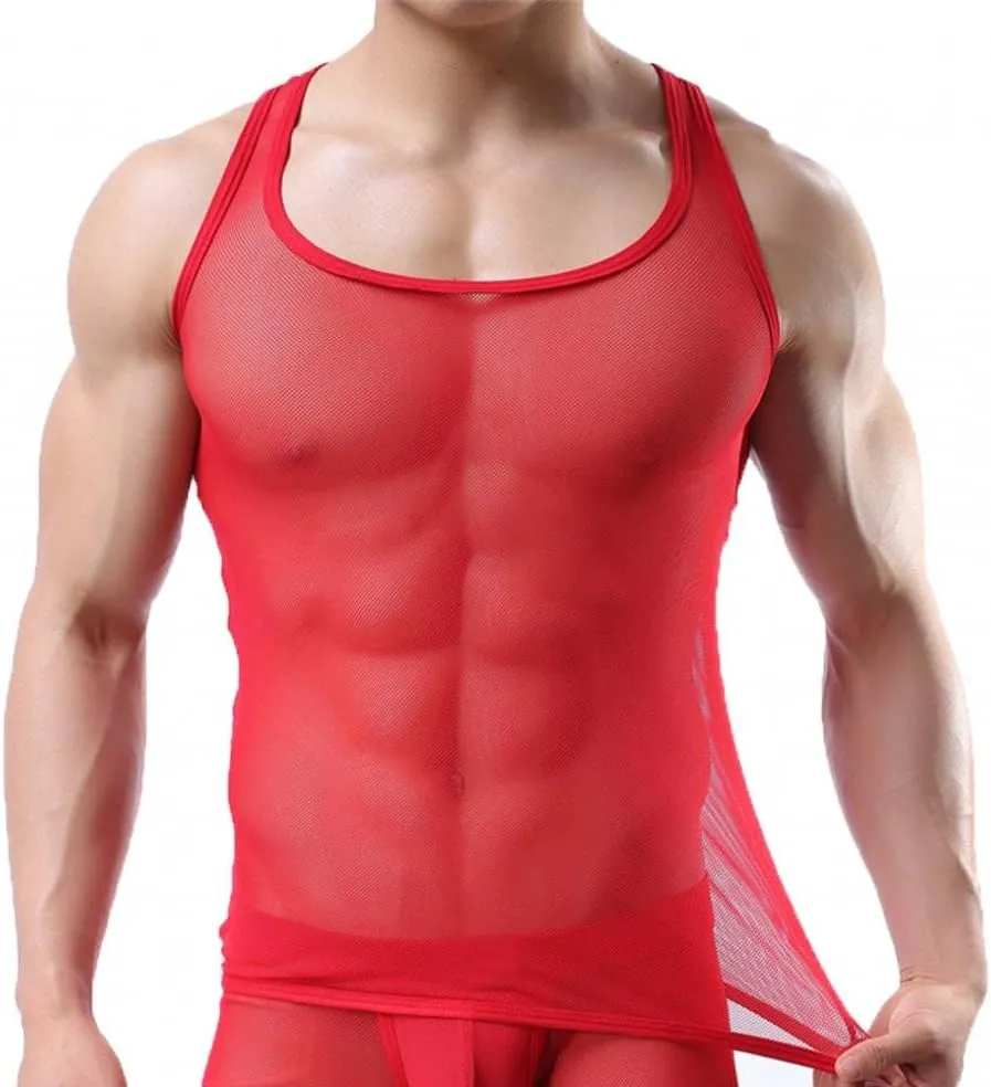 OUYE Men's Mesh See-Through Tank Top Vest