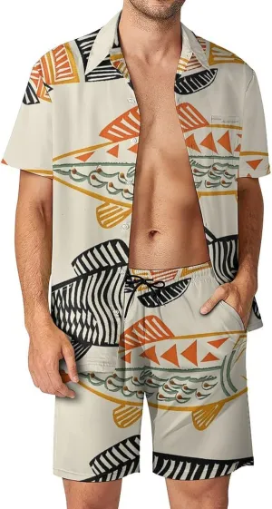 Painting of Three Fishes Mens Swimsuit 2 Pieces Set Quick Dry Shorts Shirts Summer Button Down Short Sleeve Set