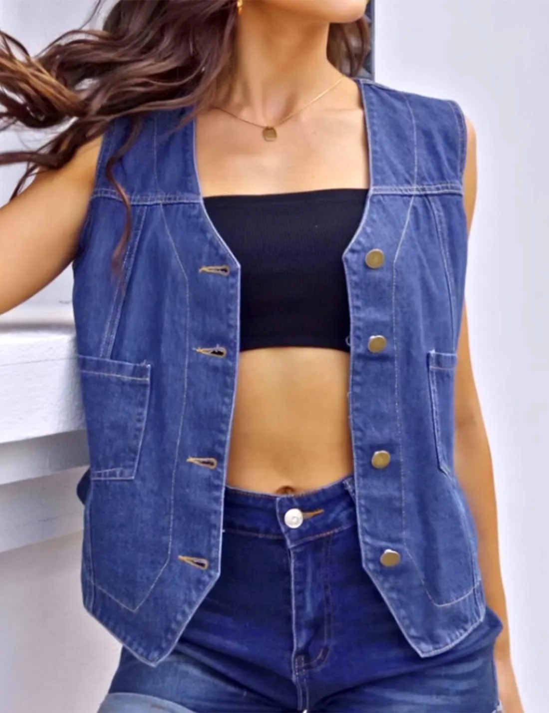Peaceglad Womens Casual Jean Vest V Neck Open Front Button Down Sleeveless Denim Jacket with Pockets