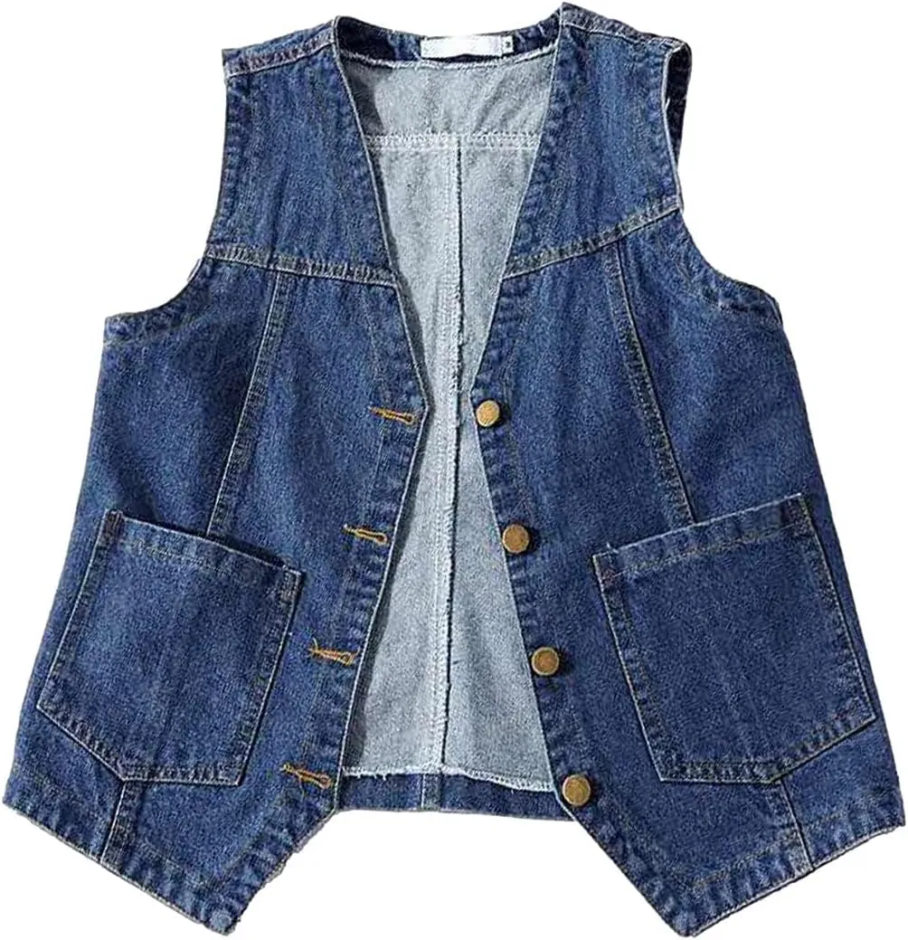 Peaceglad Womens Casual Jean Vest V Neck Open Front Button Down Sleeveless Denim Jacket with Pockets