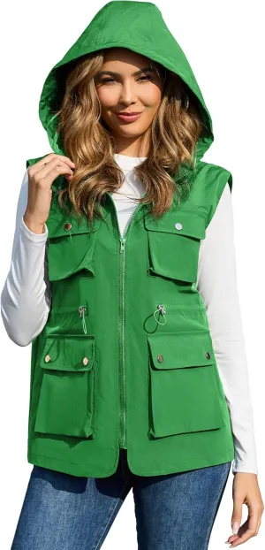 PESION Womens Packable Military Utility Vests Outerwear Waterproof Windbreaker Jacket Cargo Vest with Removable Hood