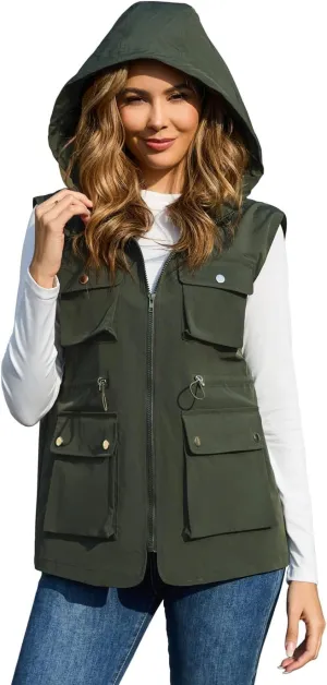 PESION Womens Packable Military Utility Vests Outerwear Waterproof Windbreaker Jacket Cargo Vest with Removable Hood